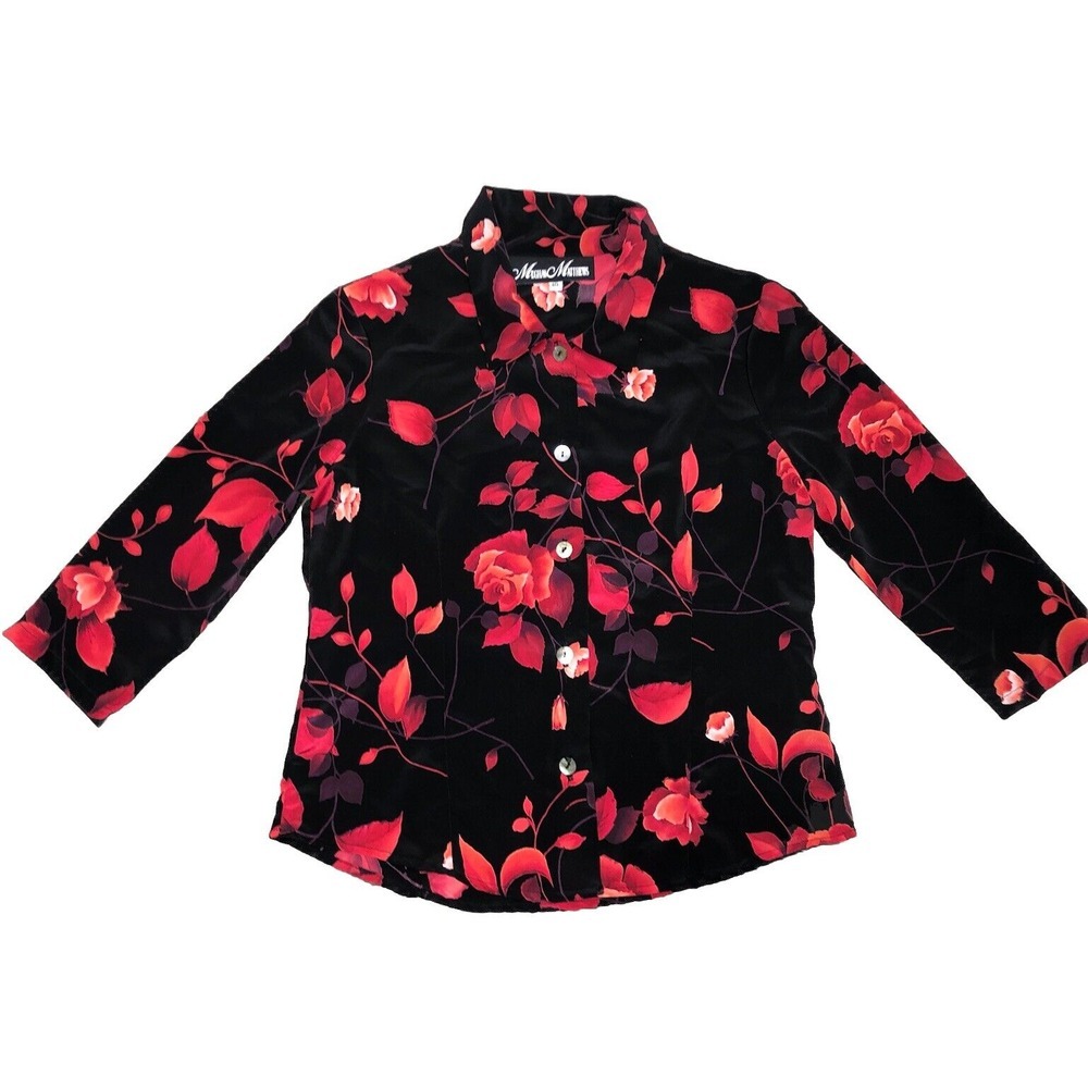 Meghan Matthews Blouse Women's 10 Black‎ Floral 3/4 Sleeve USA Vintage